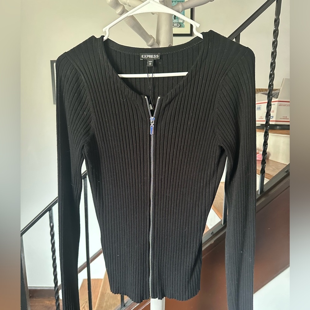 Express Black Ribbed Zip Cardigan - Picture 3 of 5
